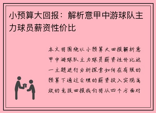小预算大回报：解析意甲中游球队主力球员薪资性价比